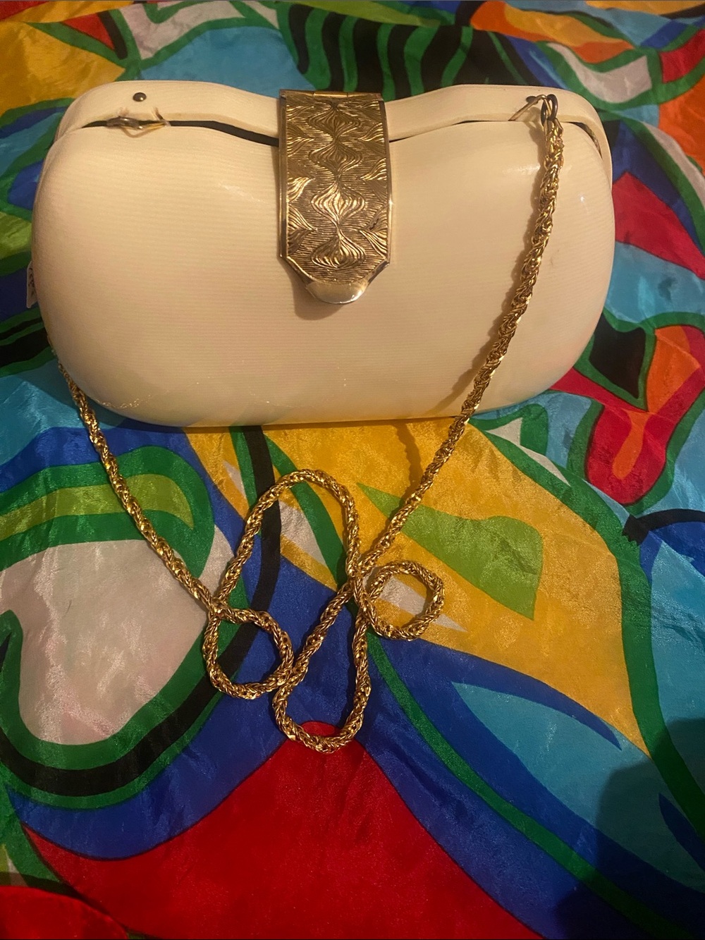 Saks Fifth Avenue Cream Clutch with Gold Chain Strap